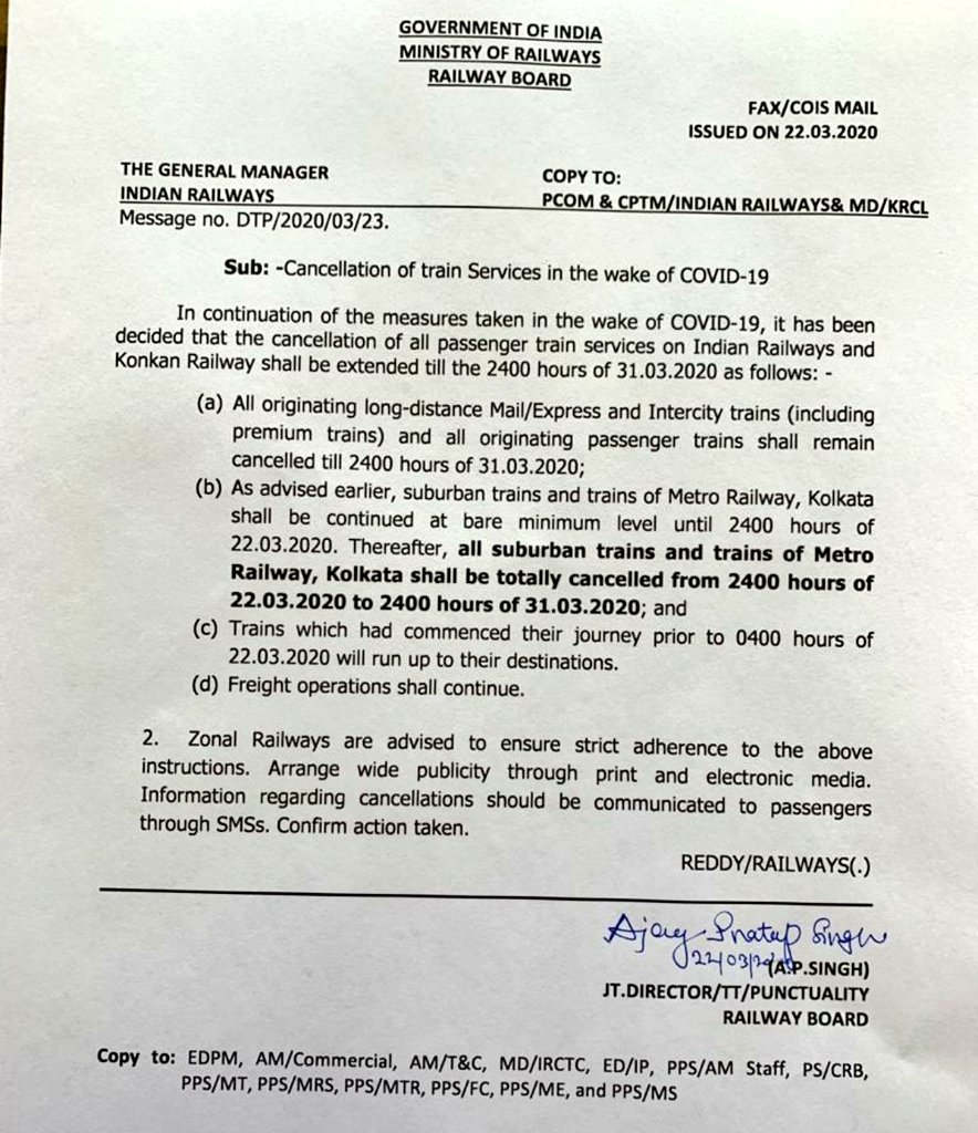 Trains across the country will not run till March 31, the Railways said, as the number of coronavirus positive cases crossed 300 mark last night.